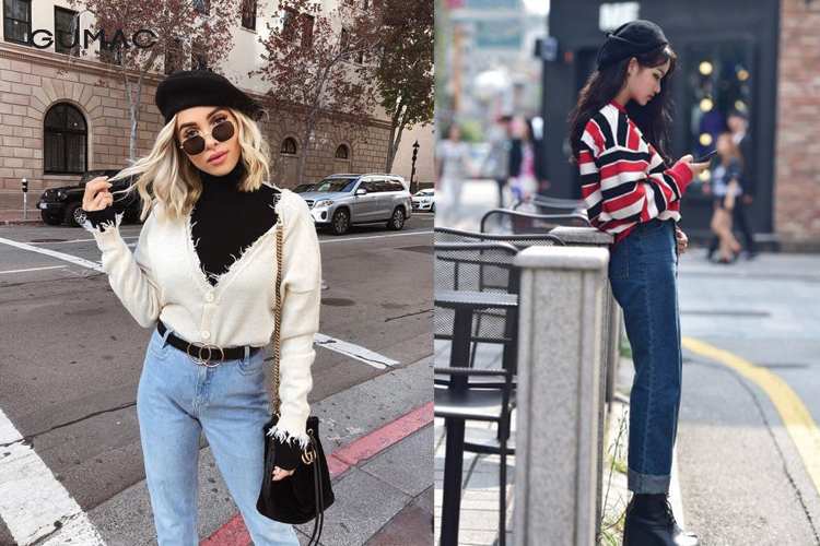 Quần jean mix áo thun cùng mũ beret